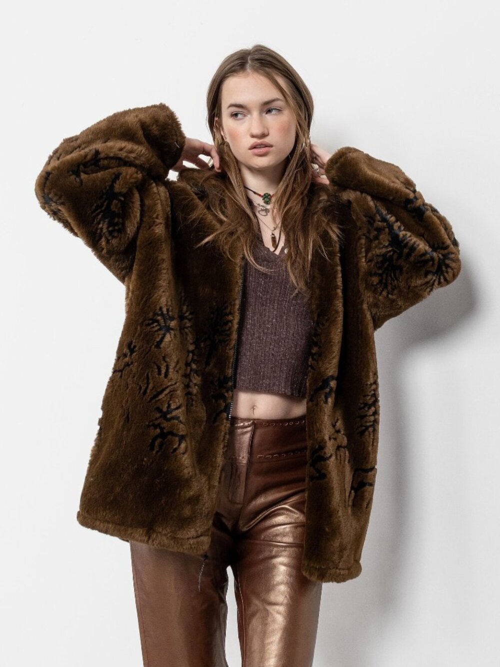 Vintage 90s Faux Fur Fleece Jacket - Oversized Zip Up, L/XL